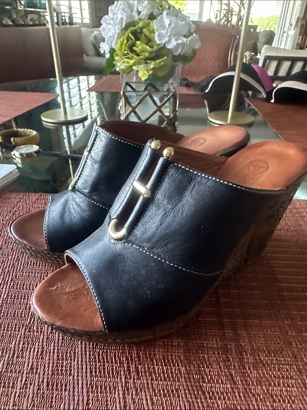 Black Leather Wedge Mule Sandals with Gold Accent - Women Shoes